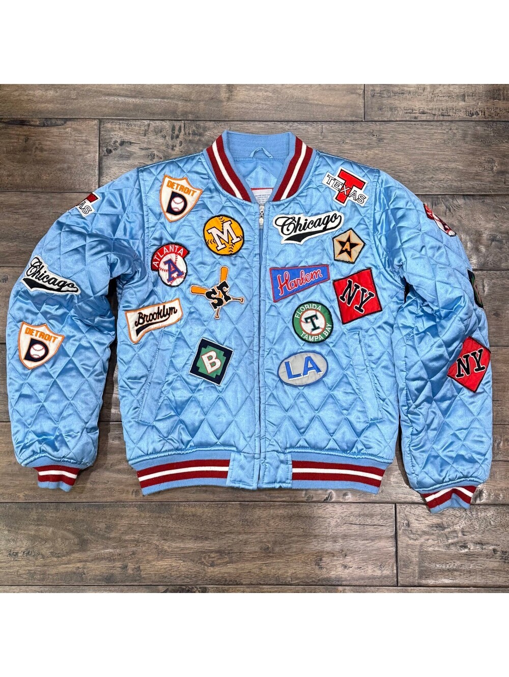 All Players Vintage quilted satin patch bomber jacket